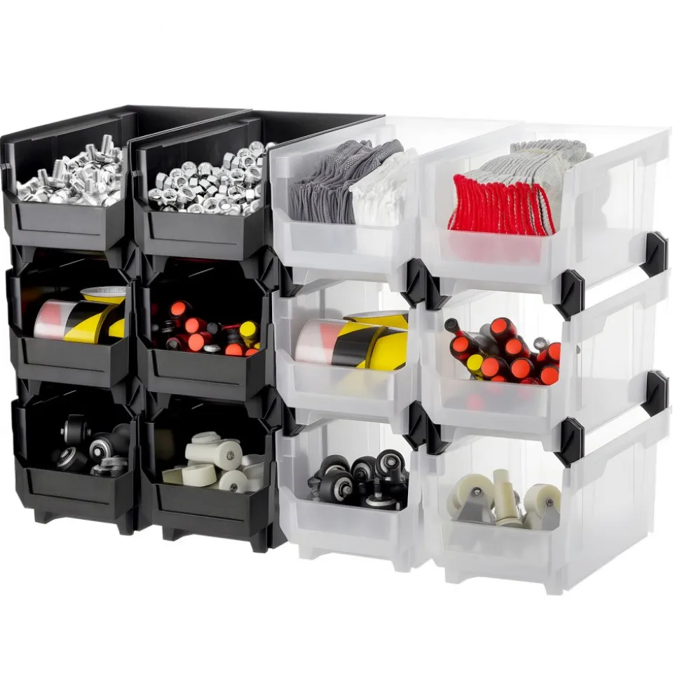 VEVOR Plastic Stackable Storage Bins, 14.8 x 8.5 x 7.1 inch (12 Pack), Plastic Containers for Organizing & Storage Bins for Garage, Small Parts, Office Supplies, Other Accessories, Black & Transparent