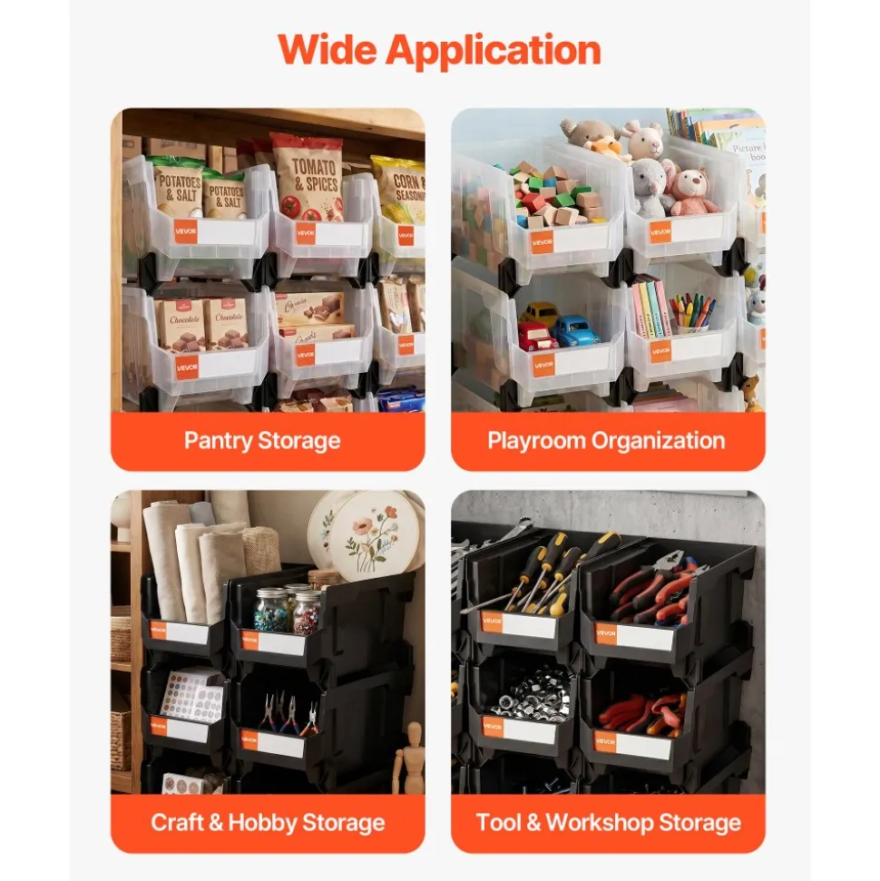 VEVOR Plastic Stackable Storage Bins, 14.8 x 8.5 x 7.1 inch (12 Pack), Plastic Containers for Organizing & Storage Bins for Garage, Small Parts, Office Supplies, Other Accessories, Black & Transparent