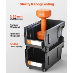 VEVOR Plastic Stackable Storage Bins, 14.8 x 8.5 x 7.1 inch (12 Pack), Plastic Containers for Organizing & Storage Bins for Garage, Small Parts, Office Supplies, Other Accessories, Black & Transparent