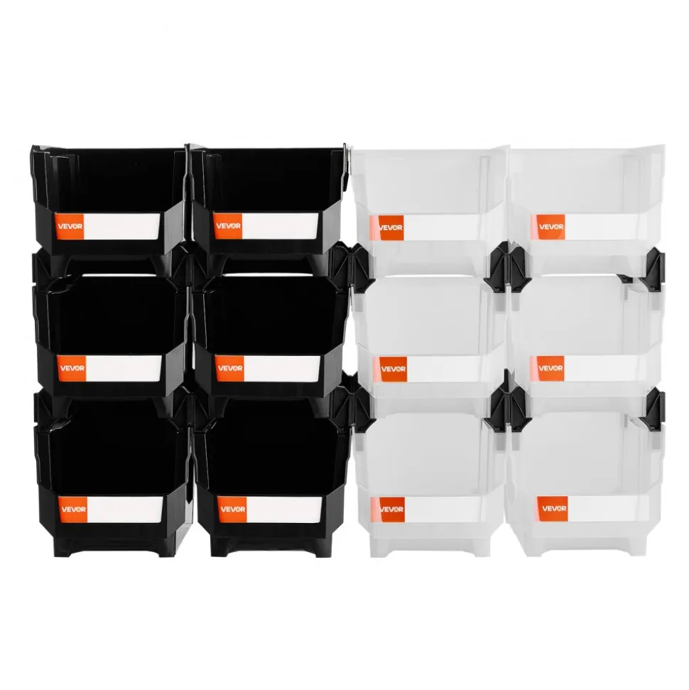 VEVOR Plastic Stackable Storage Bins, 14.8 x 8.5 x 7.1 inch (12 Pack), Plastic Containers for Organizing & Storage Bins for Garage, Small Parts, Office Supplies, Other Accessories, Black & Transparent