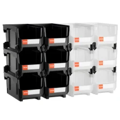 VEVOR Plastic Stackable Storage Bins, 14.8 x 8.5 x 7.1 inch (12 Pack), Plastic Containers for Organizing & Storage Bins for Garage, Small Parts, Office Supplies, Other Accessories, Black & Transparent