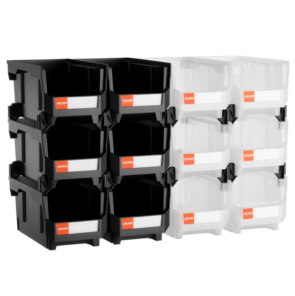 VEVOR Plastic Stackable Storage Bins, 14.8 x 8.5 x 7.1 inch (12 Pack), Plastic Containers for Organizing & Storage Bins for Garage, Small Parts, Office Supplies, Other Accessories, Black & Transparent