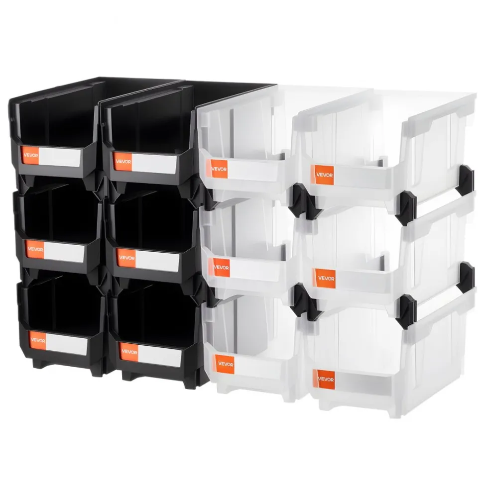 VEVOR Plastic Stackable Storage Bins, 14.8 x 8.5 x 7.1 inch (12 Pack), Plastic Containers for Organizing & Storage Bins for Garage, Small Parts, Office Supplies, Other Accessories, Black & Transparent