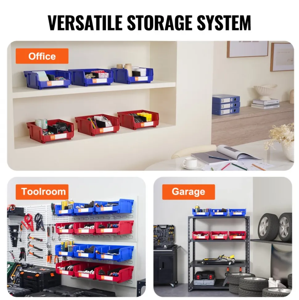 VEVOR Plastic Storage Bin, (11-Inch x 11-Inch x 5-Inch), Hanging Stackable Storage Organizer Bin, Blue/Red, 6-Pack, Heavy Duty Stacking Containers for Closet, Kitchen, Office, or Pantry Organization
