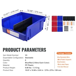VEVOR Plastic Storage Bin, (11-Inch x 11-Inch x 5-Inch), Hanging Stackable Storage Organizer Bin, Blue/Red, 6-Pack, Heavy Duty Stacking Containers for Closet, Kitchen, Office, or Pantry Organization