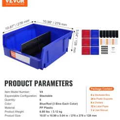 VEVOR Plastic Storage Bin, (11-Inch x 11-Inch x 5-Inch), Hanging Stackable Storage Organizer Bin, Blue/Red, 6-Pack, Heavy Duty Stacking Containers for Closet, Kitchen, Office, or Pantry Organization