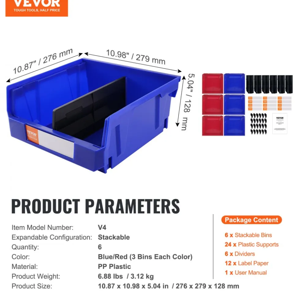 VEVOR Plastic Storage Bin, (11-Inch x 11-Inch x 5-Inch), Hanging Stackable Storage Organizer Bin, Blue/Red, 6-Pack, Heavy Duty Stacking Containers for Closet, Kitchen, Office, or Pantry Organization
