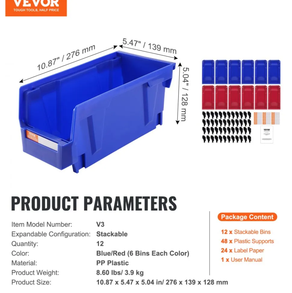 VEVOR Plastic Storage Bin, (11-Inch x 5-Inch x 5-Inch), Hanging Stackable Storage Organizer Bin, Blue/Red, 12-Pack, Heavy Duty Stacking Containers for Closet, Kitchen, Office, or Pantry Organization