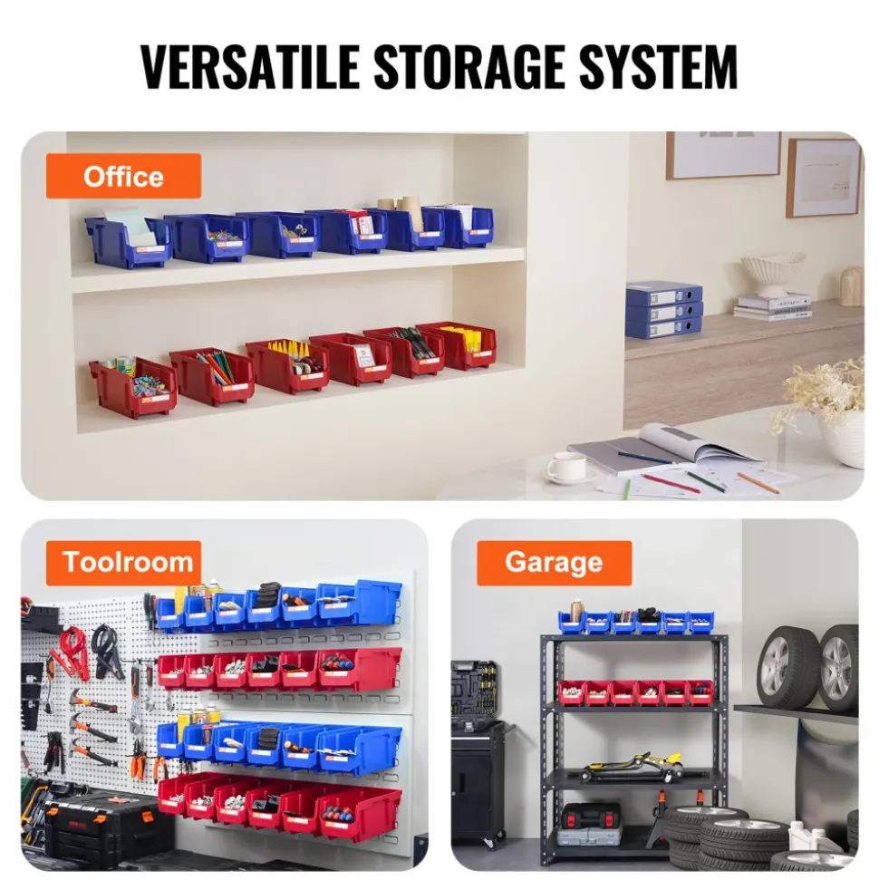 VEVOR Plastic Storage Bin, (11-Inch x 5-Inch x 5-Inch), Hanging Stackable Storage Organizer Bin, Blue/Red, 12-Pack, Heavy Duty Stacking Containers for Closet, Kitchen, Office, or Pantry Organization