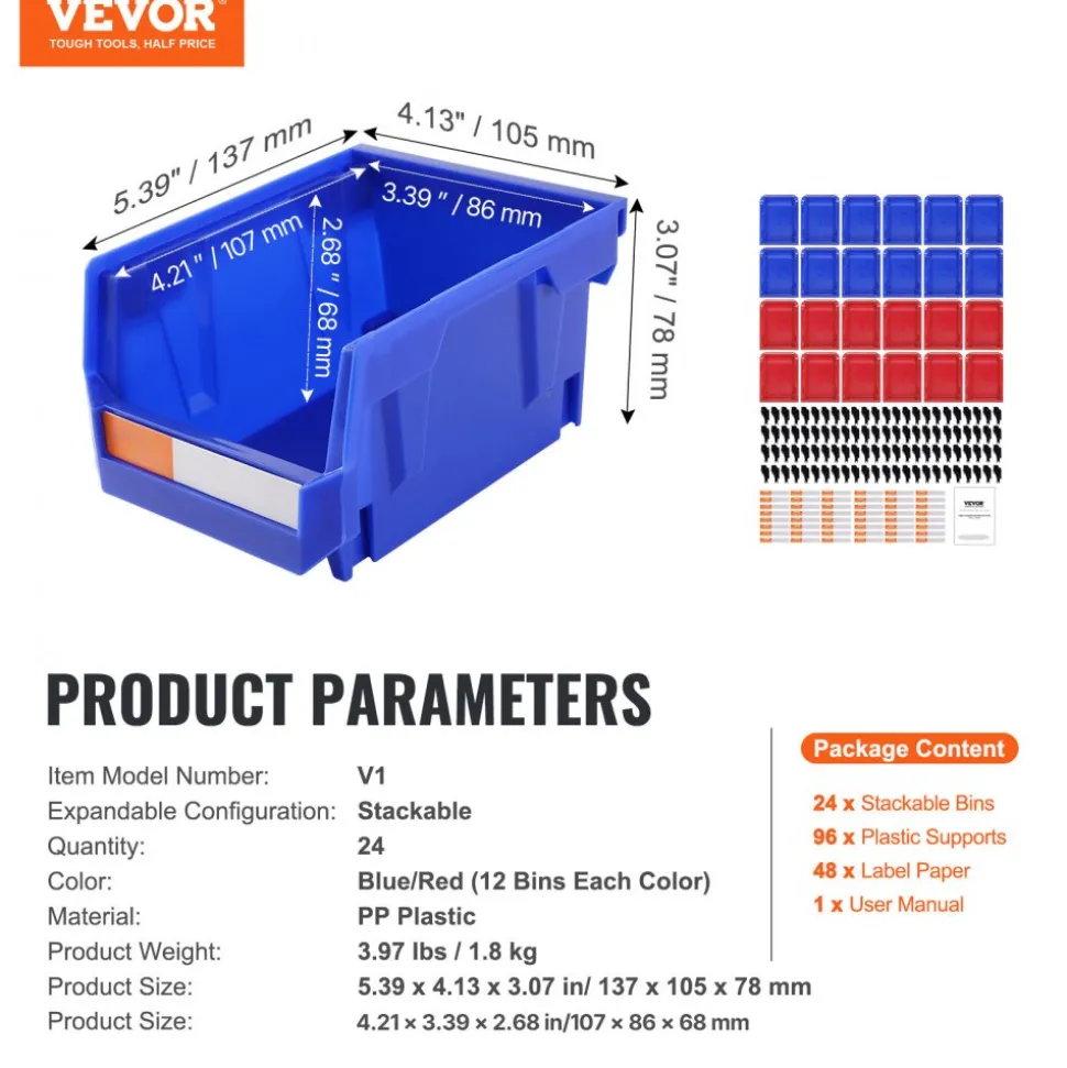 VEVOR Plastic Storage Bin, (5-Inch x 4-Inch x 3-Inch), Hanging Stackable Storage Organizer Bin, Blue/Red, 24-Pack, Heavy Duty Stacking Containers for Closet, Kitchen, Office, or Pantry Organization