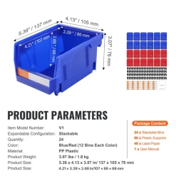 VEVOR Plastic Storage Bin, (5-Inch x 4-Inch x 3-Inch), Hanging Stackable Storage Organizer Bin, Blue/Red, 24-Pack, Heavy Duty Stacking Containers for Closet, Kitchen, Office, or Pantry Organization