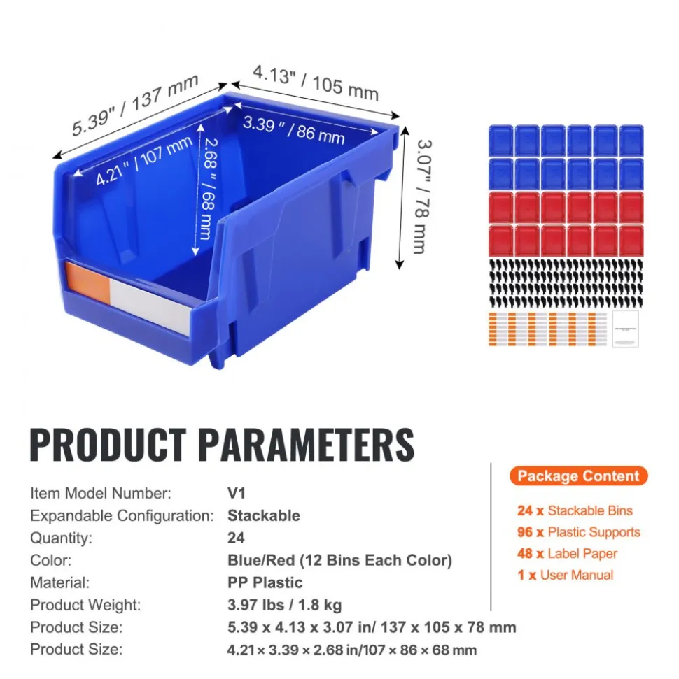 VEVOR Plastic Storage Bin, (5-Inch x 4-Inch x 3-Inch), Hanging Stackable Storage Organizer Bin, Blue/Red, 24-Pack, Heavy Duty Stacking Containers for Closet, Kitchen, Office, or Pantry Organization