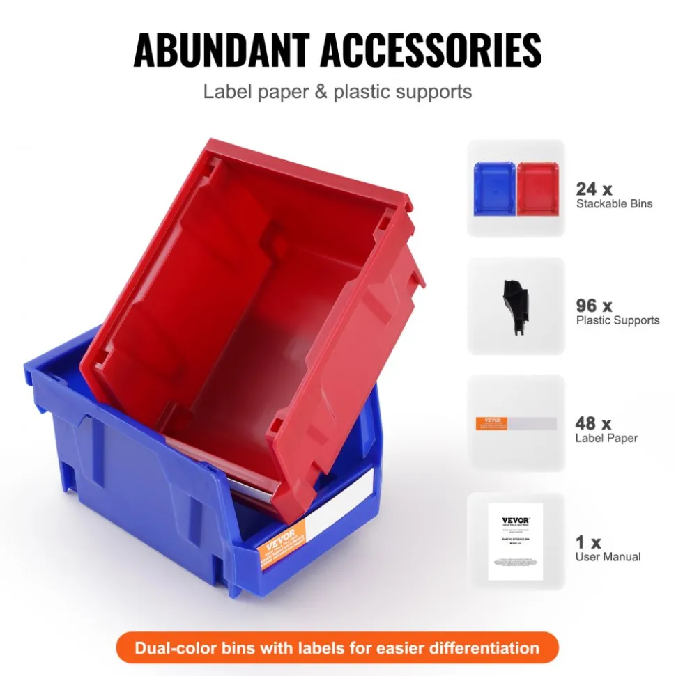 VEVOR Plastic Storage Bin, (5-Inch x 4-Inch x 3-Inch), Hanging Stackable Storage Organizer Bin, Blue/Red, 24-Pack, Heavy Duty Stacking Containers for Closet, Kitchen, Office, or Pantry Organization