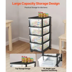 VEVOR Plastic Storage Drawers Cart, 4 Drawers Storage Organizer with Wheels, Rolling Closet Organization and Storage Dividers, Dresser Organizer Clear Bins for Office Supplies, Craft Rooms, Classrooms