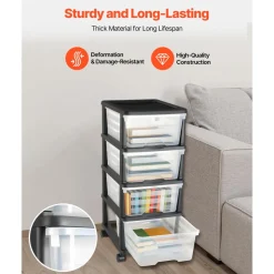 VEVOR Plastic Storage Drawers Cart, 4 Drawers Storage Organizer with Wheels, Rolling Closet Organization and Storage Dividers, Dresser Organizer Clear Bins for Office Supplies, Craft Rooms, Classrooms
