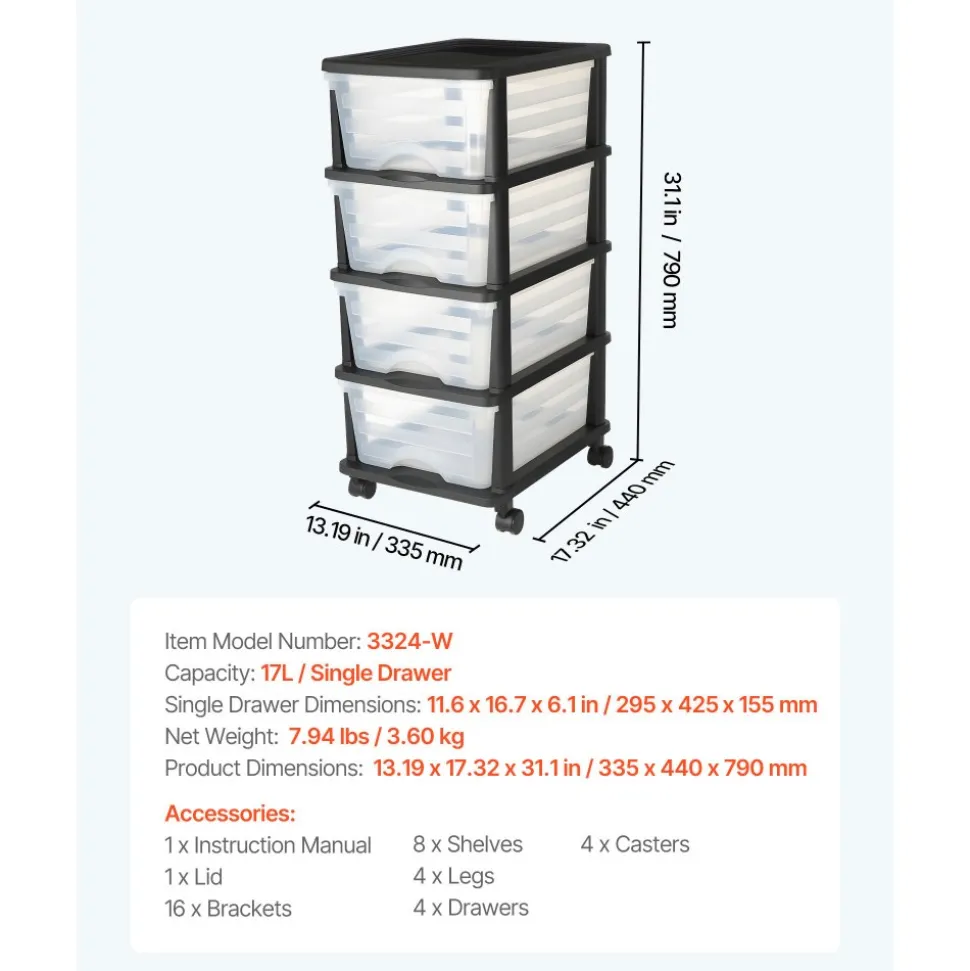 VEVOR Plastic Storage Drawers Cart, 4 Drawers Storage Organizer with Wheels, Rolling Closet Organization and Storage Dividers, Dresser Organizer Clear Bins for Office Supplies, Craft Rooms, Classrooms