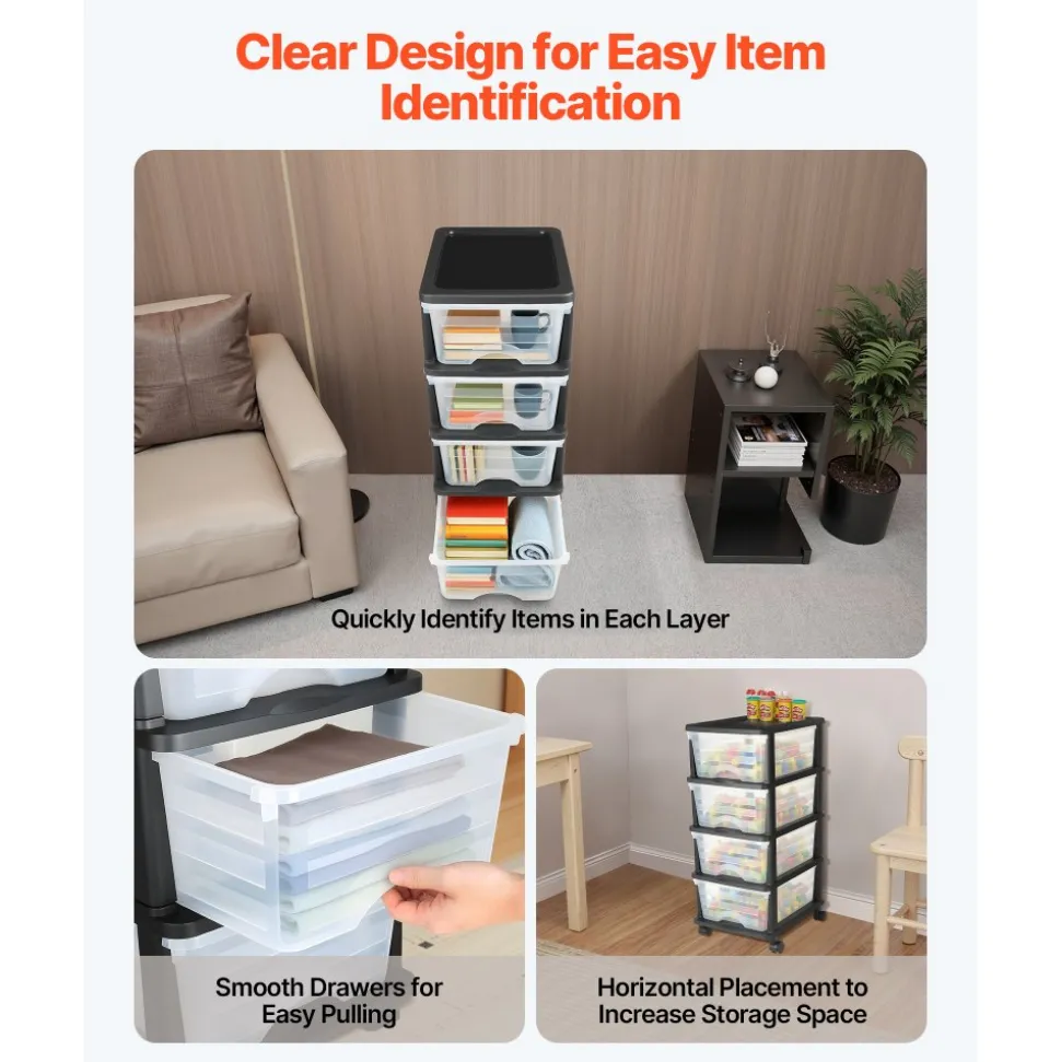 VEVOR Plastic Storage Drawers Cart, 4 Drawers Storage Organizer with Wheels, Rolling Closet Organization and Storage Dividers, Dresser Organizer Clear Bins for Office Supplies, Craft Rooms, Classrooms