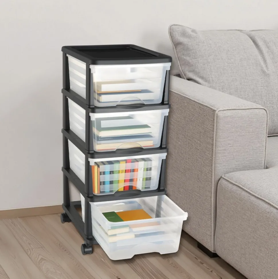VEVOR Plastic Storage Drawers Cart, 4 Drawers Storage Organizer with Wheels, Rolling Closet Organization and Storage Dividers, Dresser Organizer Clear Bins for Office Supplies, Craft Rooms, Classrooms