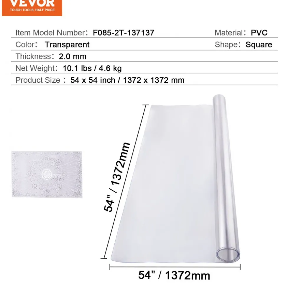 VEVOR Plastic Table Cover, 48 x 48 Inch 2.0 mm Thick Clear Table Protector, Round PVC Desk Mat, Waterproof & Easy Cleaning Desk Pad Tablecloth, for Office Dresser Dining Room Table Night Stand