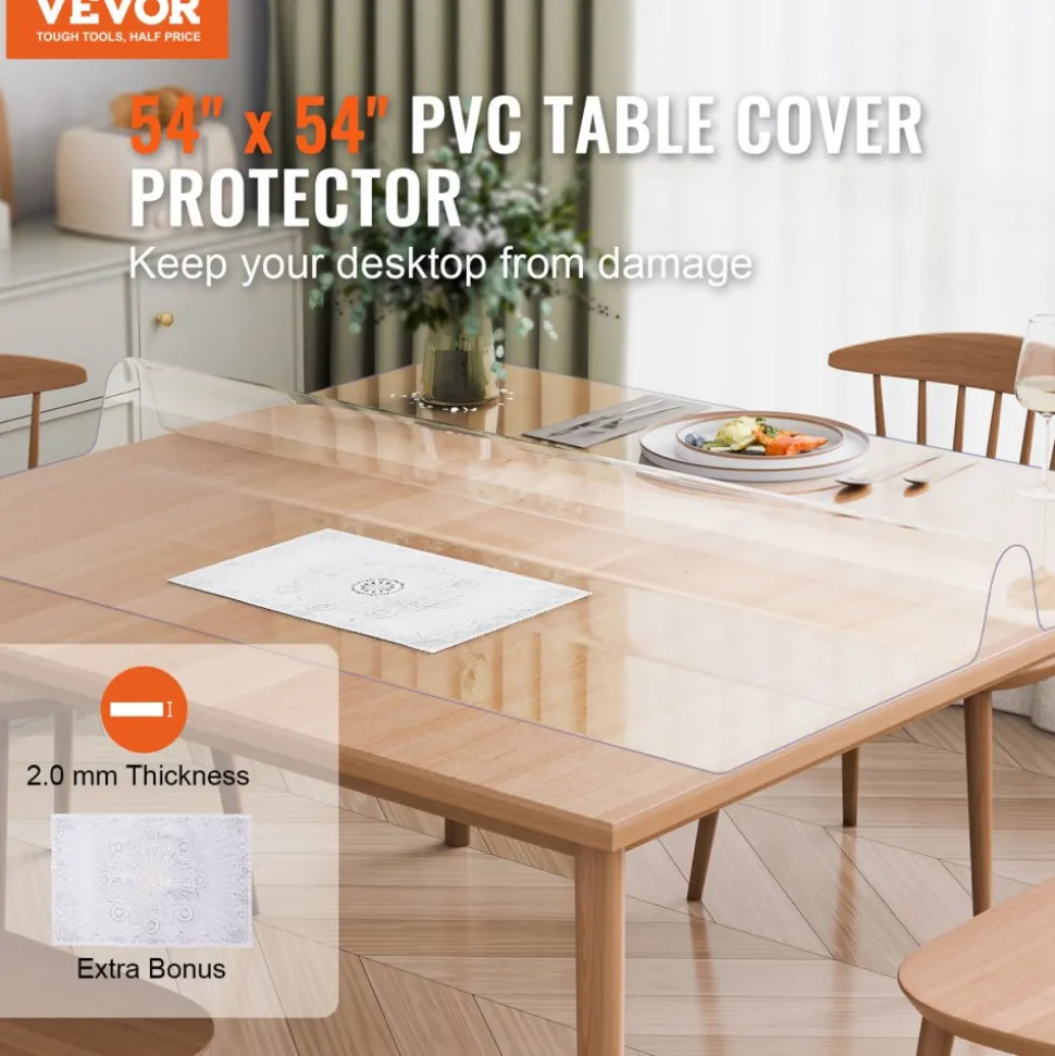 VEVOR Plastic Table Cover, 48 x 48 Inch 2.0 mm Thick Clear Table Protector, Round PVC Desk Mat, Waterproof & Easy Cleaning Desk Pad Tablecloth, for Office Dresser Dining Room Table Night Stand