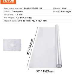 VEVOR Plastic Table Cover, 30 x 60 Inch 1.5 mm Thick Clear Table Protector, Rectangle PVC Desk Mat, Waterproof & Easy Cleaning Desk Pad Tablecloth, for Office Dresser Dining Room Table Night Stand