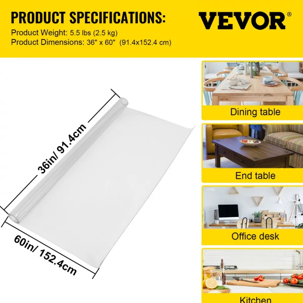 VEVOR Plastic Table Cover, 42 x 96 Inch 1.5 mm Thick Clear Table Protector, Rectangle PVC Desk Mat, Waterproof & Easy Cleaning Desk Pad Tablecloth, for Office Dresser Dining Room Table Night Stand