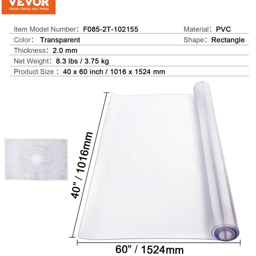 VEVOR Plastic Table Cover, 24 x 96 Inch 1.5 mm Thick Clear Table Protector, Rectangle PVC Desk Mat, Waterproof & Easy Cleaning Desk Pad Tablecloth, for Office Dresser Dining Room Table Night Stand