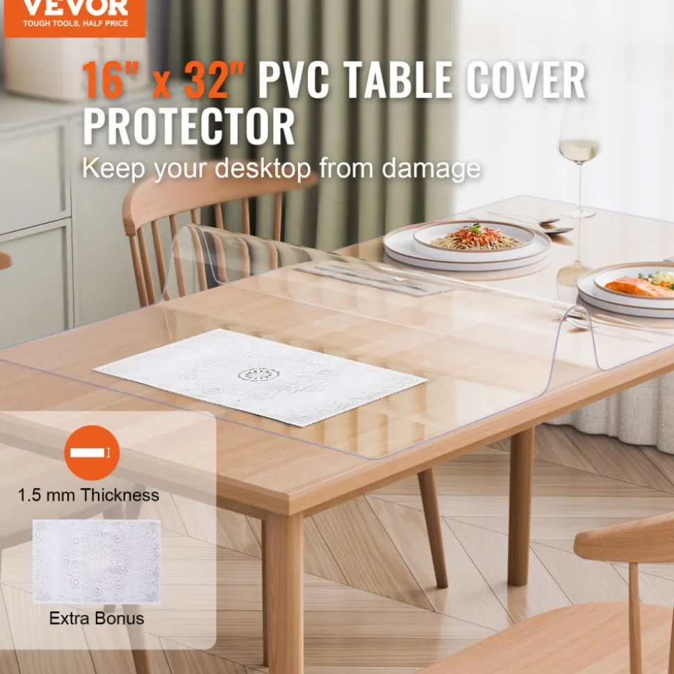 VEVOR Plastic Table Cover, 36 x 48 Inch 1.5 mm Thick Clear Table Protector, Rectangle PVC Desk Mat, Waterproof & Easy Cleaning Desk Pad Tablecloth, for Office Dresser Dining Room Table Night Stand
