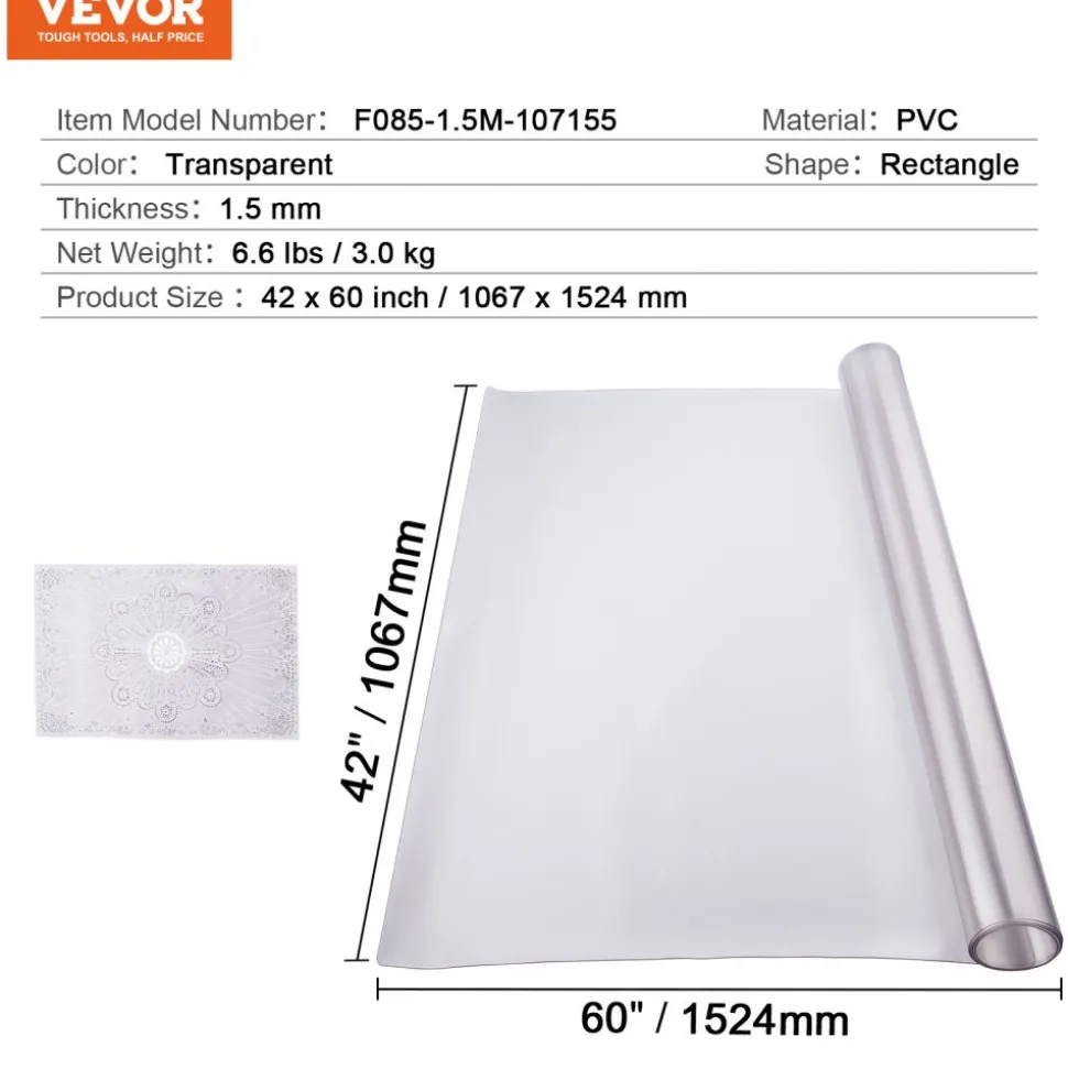 VEVOR Plastic Table Cover, 42 x 60 Inch 1.5 mm Thick Frosted Table Protector, Rectangle PVC Desk Mat, Waterproof & Easy Cleaning Desk Pad Tablecloth, for Office Dresser Dining Room Table Night Stand