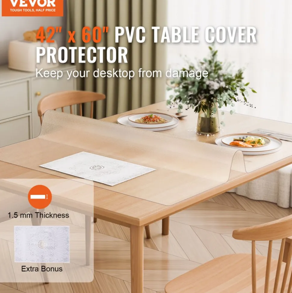 VEVOR Plastic Table Cover, 42 x 60 Inch 1.5 mm Thick Frosted Table Protector, Rectangle PVC Desk Mat, Waterproof & Easy Cleaning Desk Pad Tablecloth, for Office Dresser Dining Room Table Night Stand