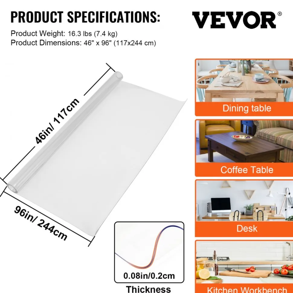 VEVOR Plastic Table Cover, 42"x96"x0.08", Transparent PVC Table Protector, Rectangle Clear Desk Mat, Water Oil Proof Table Cover for Dining Table Coffer Table Kitchen Worktable Dresser Cabinet, etc.