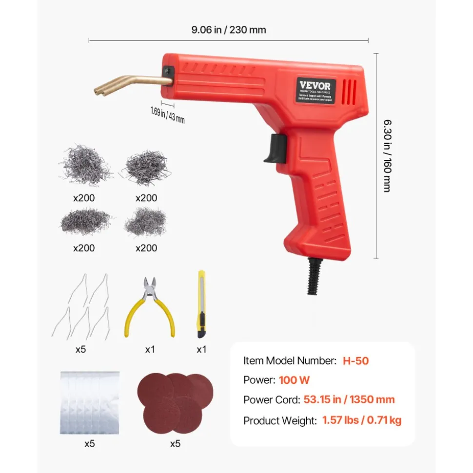 VEVOR Plastic Welder, 100W Plastic Welding Gun with 800PCS Hot Staples, Professional Hot Staple Welding Gun, Plastic Car Bumper Repair Kit with LED Light for Kayak, Toys, Plastic Crack Repair