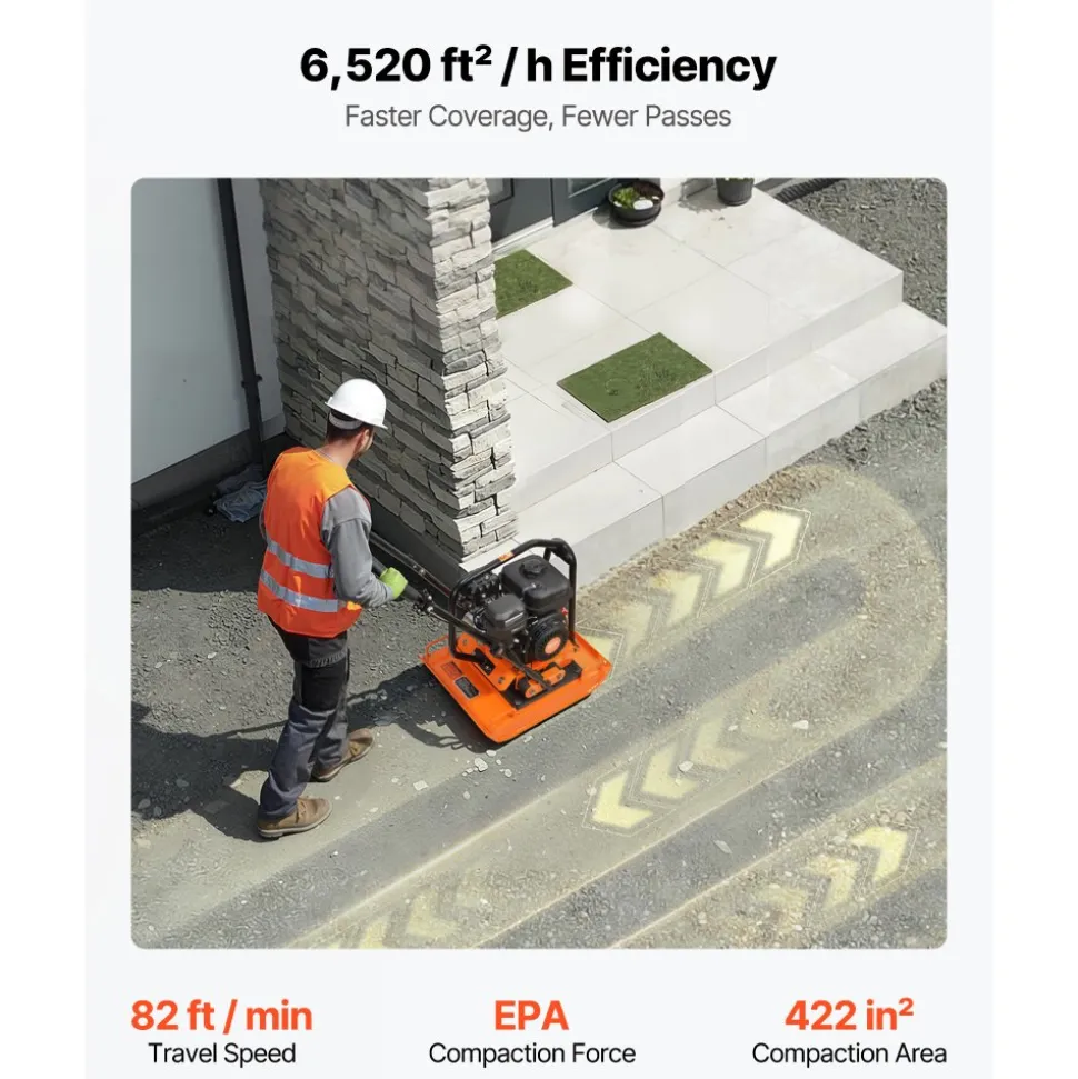VEVOR Plate Compactor, 2.8 HP 98CC Gas Engine 5,250 RPM, 1,920 lbs Force Vibratory Compaction Tamper with 18.7 x 11.8 inch Plate for Walkways, Patios, Asphalts, Paver Landscaping, EPA Compliant