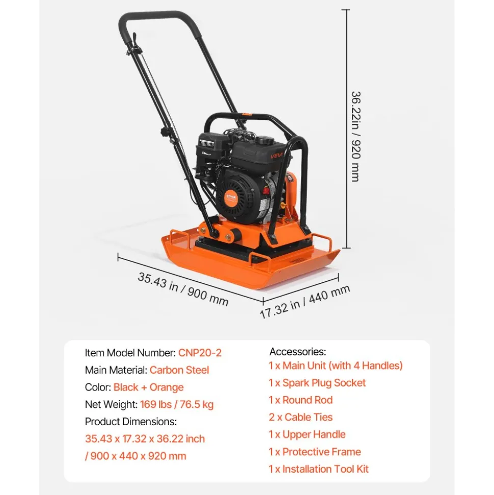 VEVOR Plate Compactor, 2.8 HP 98CC Gas Engine 5,250 RPM, 1,920 lbs Force Vibratory Compaction Tamper with 18.7 x 11.8 inch Plate for Walkways, Patios, Asphalts, Paver Landscaping, EPA Compliant
