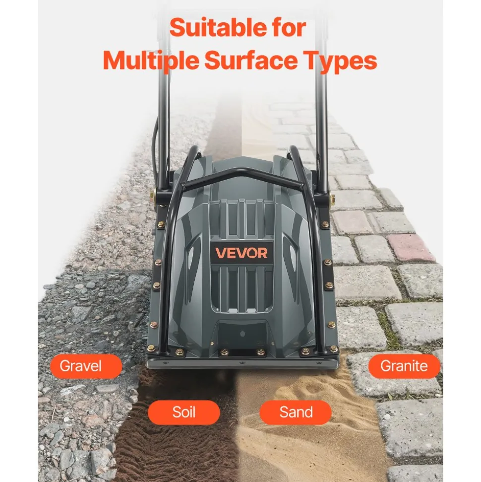 VEVOR Plate Compactor, 130W Output Electric Ground Rammer, 5 kN Force, 3.9 in Depth, 16 m/min Speed, 3304 sq.ft/h Efficiency, Gas Powered Soil Compaction Machine for Driveway, Pavement, Landscaping