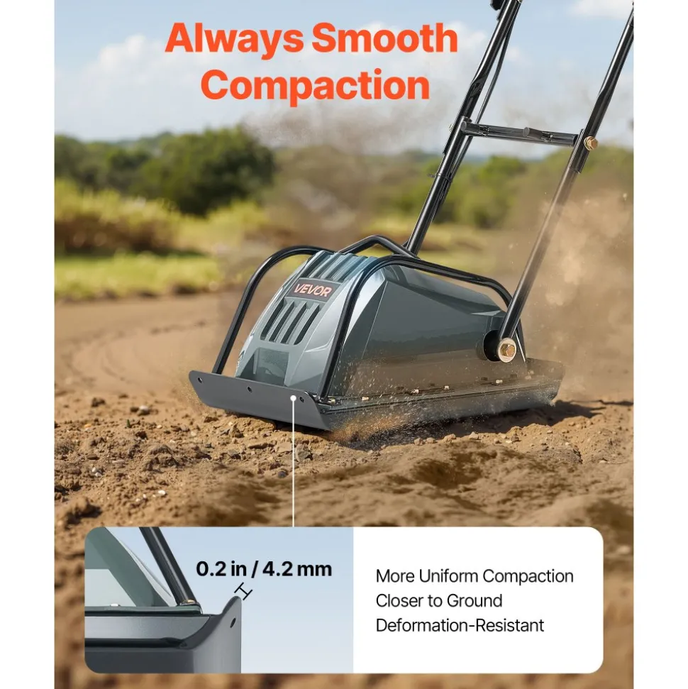 VEVOR Plate Compactor, 130W Output Electric Ground Rammer, 5 kN Force, 3.9 in Depth, 16 m/min Speed, 3304 sq.ft/h Efficiency, Gas Powered Soil Compaction Machine for Driveway, Pavement, Landscaping