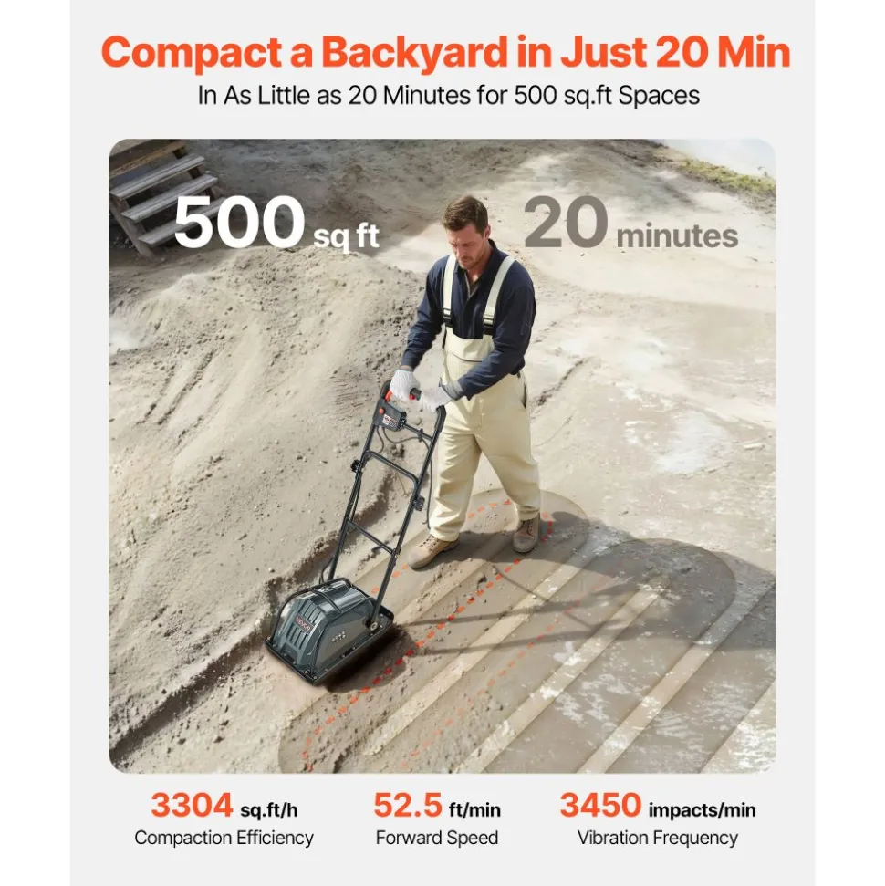VEVOR Plate Compactor, 130W Output Electric Ground Rammer, 5 kN Force, 3.9 in Depth, 16 m/min Speed, 3304 sq.ft/h Efficiency, Gas Powered Soil Compaction Machine for Driveway, Pavement, Landscaping