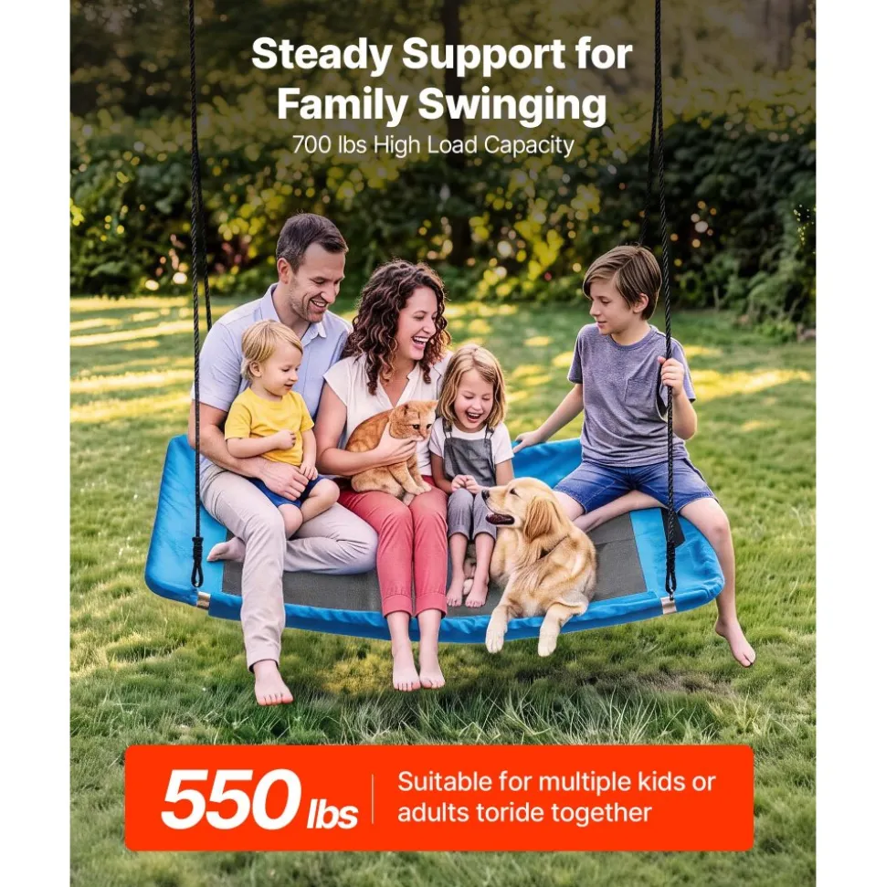 VEVOR Platform Tree Swing for Kids and Adults 700 lbs 60" Rectangle Blue, for Backyard Outdoor & Indoor, 900D Oxford Fabric Giant Seat with 2 Hanging Straps, Adjustable Ropes and Curved Edge Design