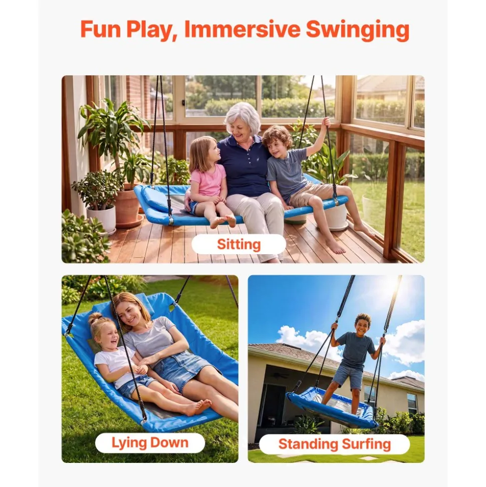 VEVOR Platform Tree Swing for Kids and Adults 700 lbs 60" Rectangle Blue, for Backyard Outdoor & Indoor, 900D Oxford Fabric Giant Seat with 2 Hanging Straps, Adjustable Ropes and Curved Edge Design