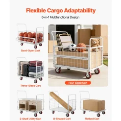 VEVOR Platform Truck Cart with Cage, 2000 lbs Capacity, 6-in-1 Foldable Flatbed Cart with Swivel Wheels, Heavy Duty Hand Truck, Multi-Functional Push Dolly, for Grocery Laundry, 44.5 x 26.6 x 42.1 in