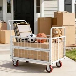 VEVOR Platform Truck Cart with Cage, 2000 lbs Capacity, 6-in-1 Foldable Flatbed Cart with Swivel Wheels, Heavy Duty Hand Truck, Multi-Functional Push Dolly, for Grocery Laundry, 44.5 x 26.6 x 42.1 in