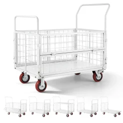 VEVOR Platform Truck Cart with Cage, 2000 lbs Capacity, 6-in-1 Foldable Flatbed Cart with Swivel Wheels, Heavy Duty Hand Truck, Multi-Functional Push Dolly, for Grocery Laundry, 44.5 x 26.6 x 42.1 in