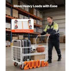 VEVOR Platform Truck Cart with Cage, 2000 lbs Capacity, 6-in-1 Foldable Flatbed Cart with Swivel Wheels, Heavy Duty Hand Truck, Multi-Functional Push Dolly, for Grocery Laundry, 44.5 x 26.6 x 42.1 in