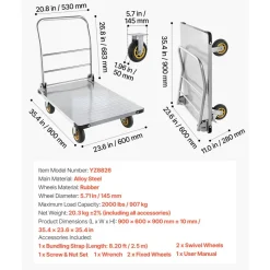 VEVOR Platform Truck, 2000 lbs Capacity, Heavy Duty Steel Flatbed Cart with Swivel Wheels and Handle, Foldable Platform Hand Push Truck Dolly, for Groceries, Garage, Warehouse, 35.4 x 23.6 x 35.4 in