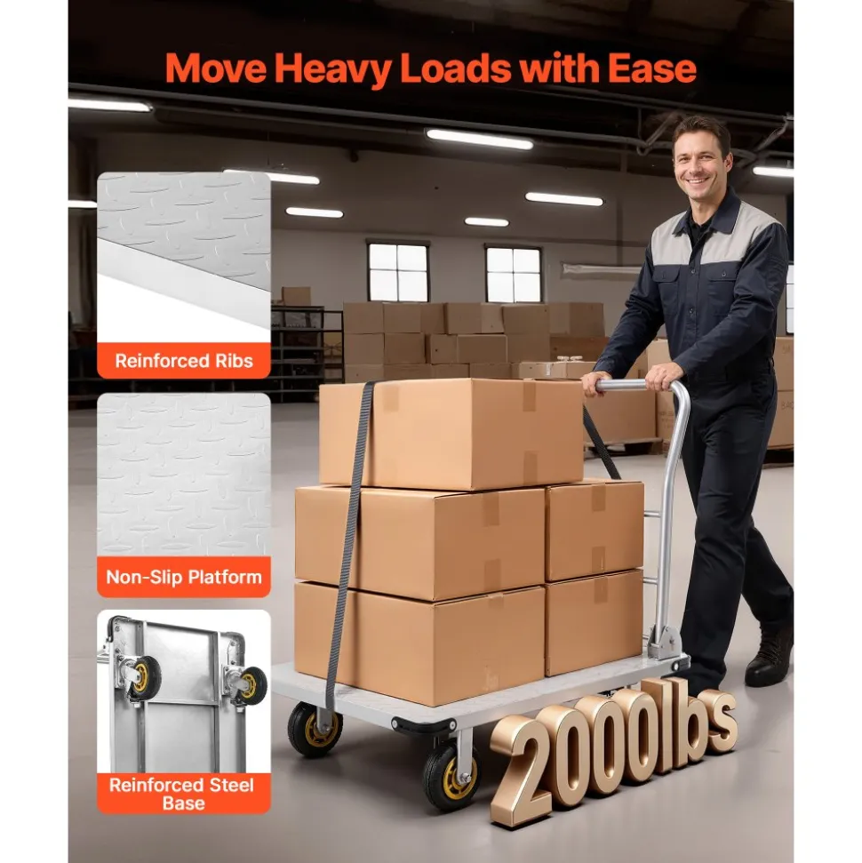 VEVOR Platform Truck, 2000 lbs Capacity, Heavy Duty Steel Flatbed Cart with Swivel Wheels and Handle, Foldable Platform Hand Push Truck Dolly, for Groceries, Garage, Warehouse, 35.4 x 23.6 x 35.4 in