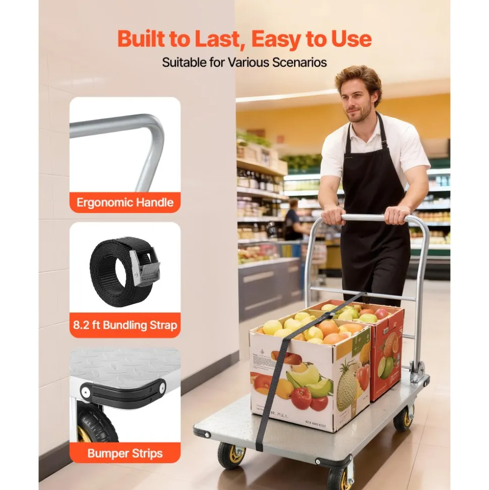 VEVOR Platform Truck, 2000 lbs Capacity, Heavy Duty Steel Flatbed Cart with Swivel Wheels and Handle, Foldable Platform Hand Push Truck Dolly, for Groceries, Garage, Warehouse, 35.4 x 23.6 x 35.4 in