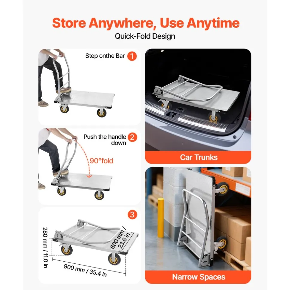 VEVOR Platform Truck, 2000 lbs Capacity, Heavy Duty Steel Flatbed Cart with Swivel Wheels and Handle, Foldable Platform Hand Push Truck Dolly, for Groceries, Garage, Warehouse, 35.4 x 23.6 x 35.4 in