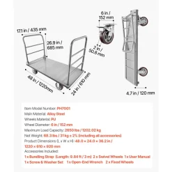 VEVOR Platform Truck, 2650 lbs Capacity, Heavy Duty Flatbed Cart Dolly with Detachable Guardrail and Swivel Wheels, Foldable Hand Push Truck Cart, for Groceries, Garage, Warehouse, 48 x 24 x 36.2 in