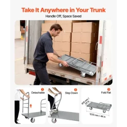 VEVOR Platform Truck, 2650 lbs Capacity, Heavy Duty Flatbed Cart Dolly with Detachable Guardrail and Swivel Wheels, Foldable Hand Push Truck Cart, for Groceries, Garage, Warehouse, 48 x 24 x 36.2 in
