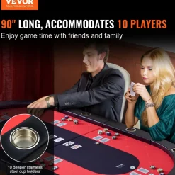 VEVOR 10 Player Foldable Poker Table, Blackjack Texas Holdem Poker Table with Padded Rails and Stainless Steel Cup Holders, Portable Folding Card Board Game Table, 90